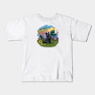 A Scenic Meadow with a Scottish Terrier Kids T-Shirt